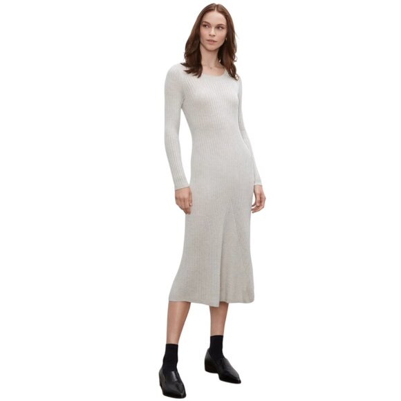 Club Monaco Wool Long Sleeve Ribbed Midi Sweater Dress Light Grey Size L - Picture 1 of 8